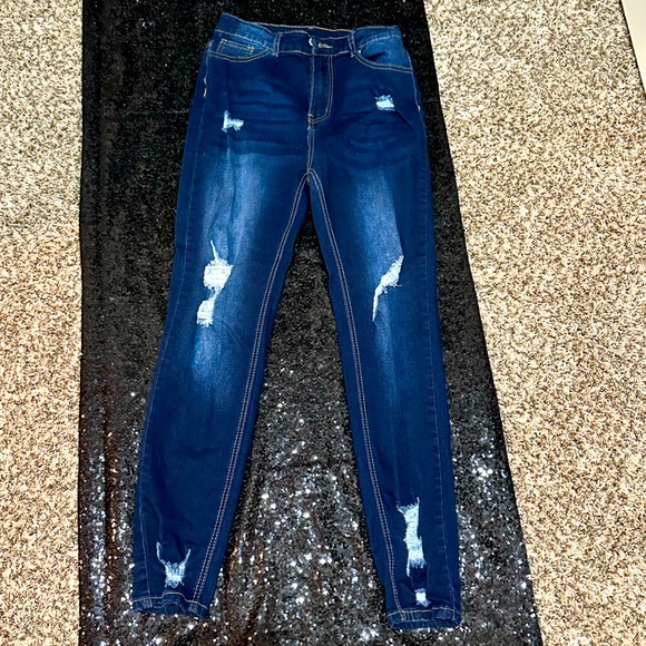 Blue Distressed Jean Jeggings -Stretchy - Picture 1 of 2
